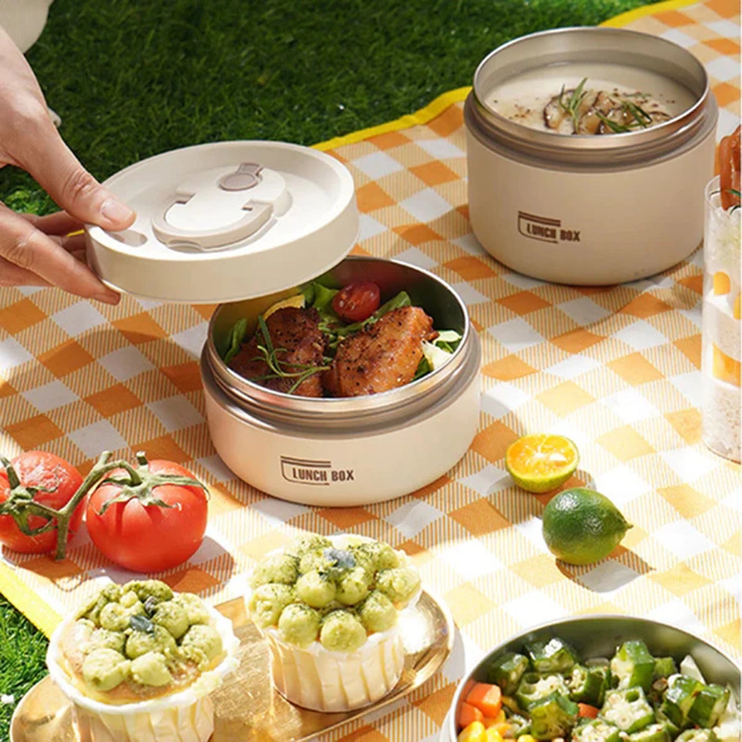 Round Picnic Lunchbox with Folding Handle for Kids